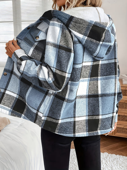Women'S Casual Plaid Fleece Lined Hooded Regular Jacket, Napped Plaid Fleece-Lined Women'S Top, Hooded Shirt