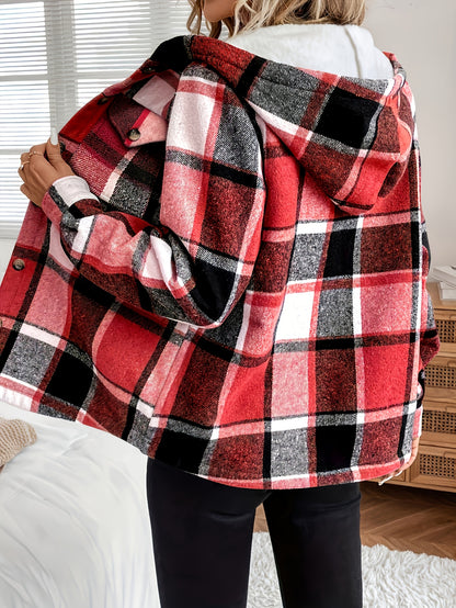 Women'S Casual Plaid Fleece Lined Hooded Regular Jacket, Napped Plaid Fleece-Lined Women'S Top, Hooded Shirt