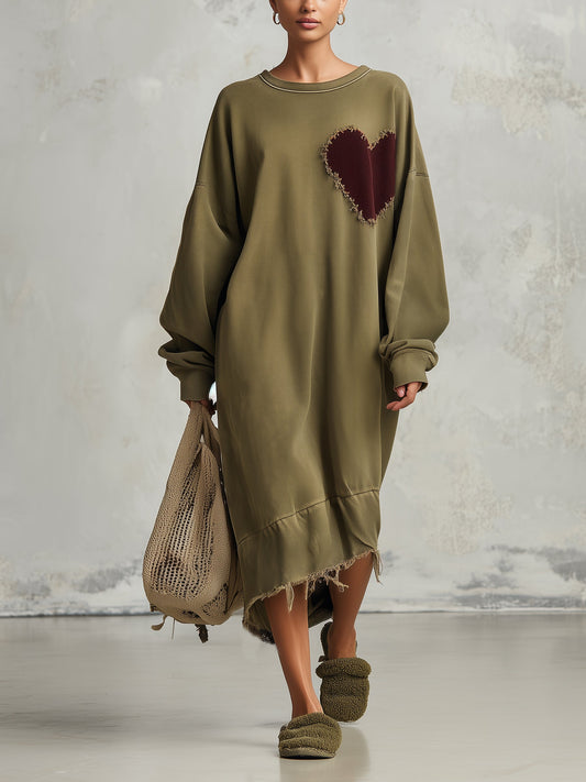 Women’s Oversized Olive Heart Patch Sweatshirt Dress – Relaxed Casual Midi Dress