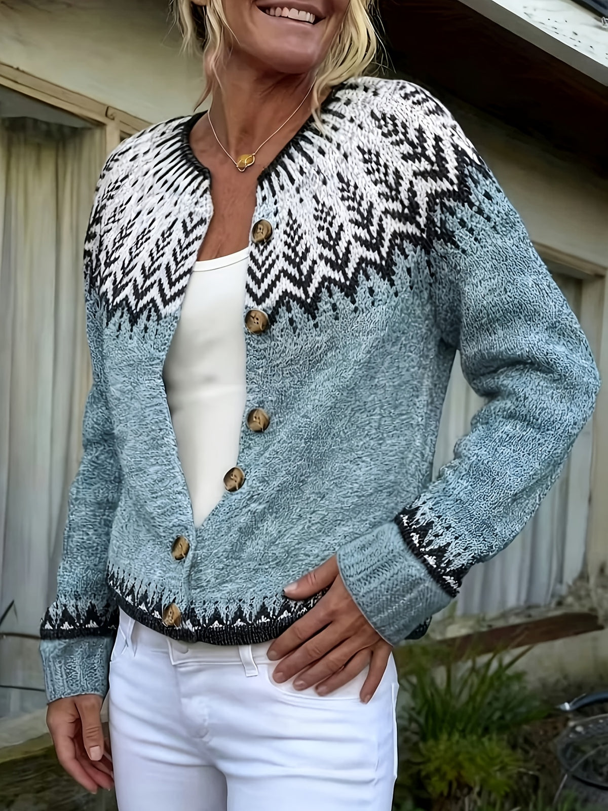 Women'S Vintage Elegant Geometric Pattern Cardigan - Contrast Trim Open Front Sweater, Round Neck Long Sleeve Button-Up, All-Season Versatile Casual Wear Layering Piece, Cardigan Sweater, Fall Layering Item, Winter Wardrobe, Vintage Style