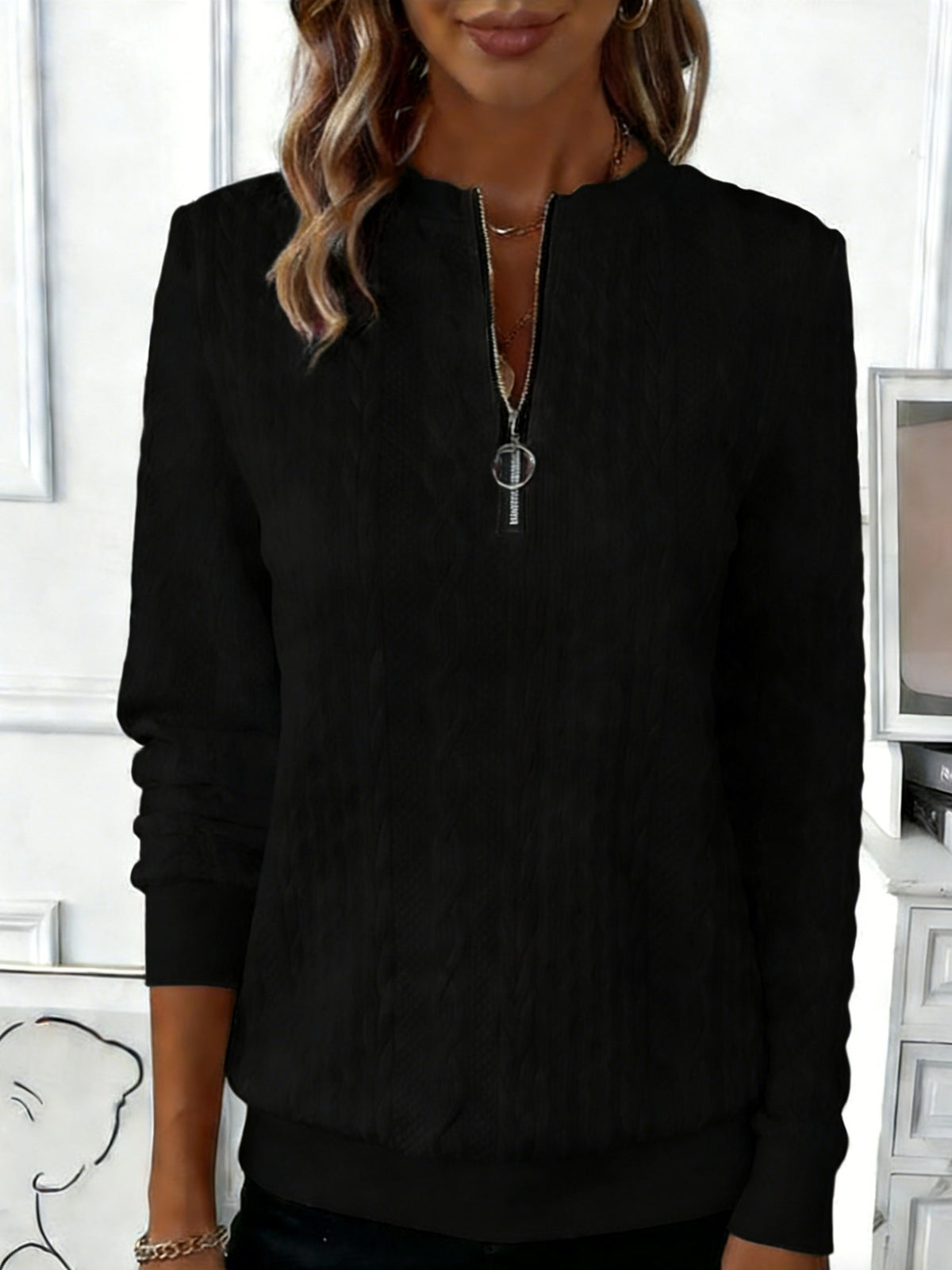 Women'S Autumn Winter Fashion Casual Solid Textured Jacquard Sweatshirt - Warm Front-Zip Jacket