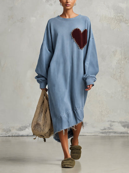 Oversized olijfgroene sweatshirtjurk voor dames met hartpatch – Relaxed casual midi-jurk