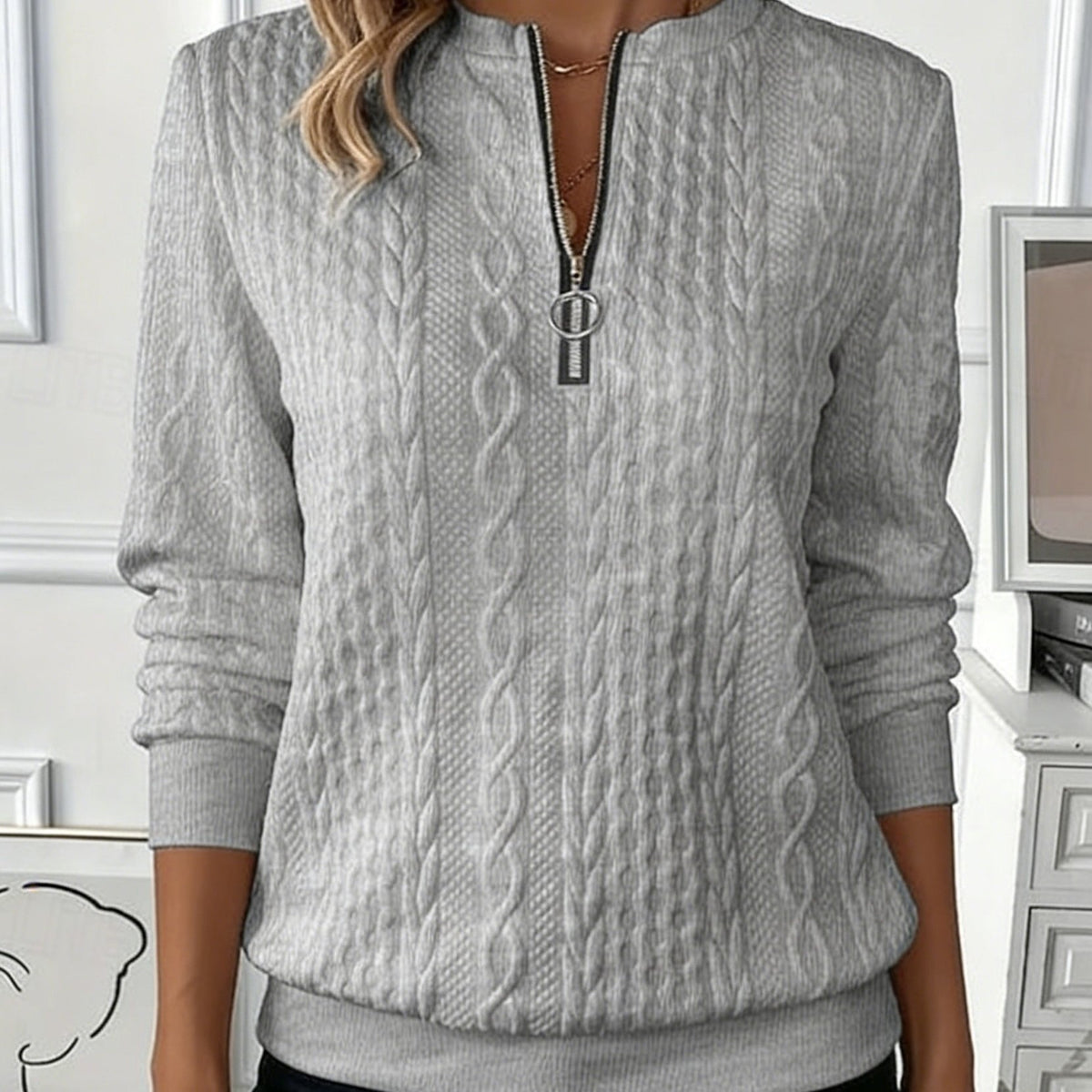 Women'S Autumn Winter Fashion Casual Solid Textured Jacquard Sweatshirt - Warm Front-Zip Jacket