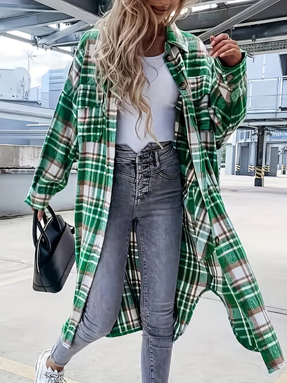 Plaid Print Long Length Jacket, Casual Button Front Flap Pockets Outwear, Women's Clothing