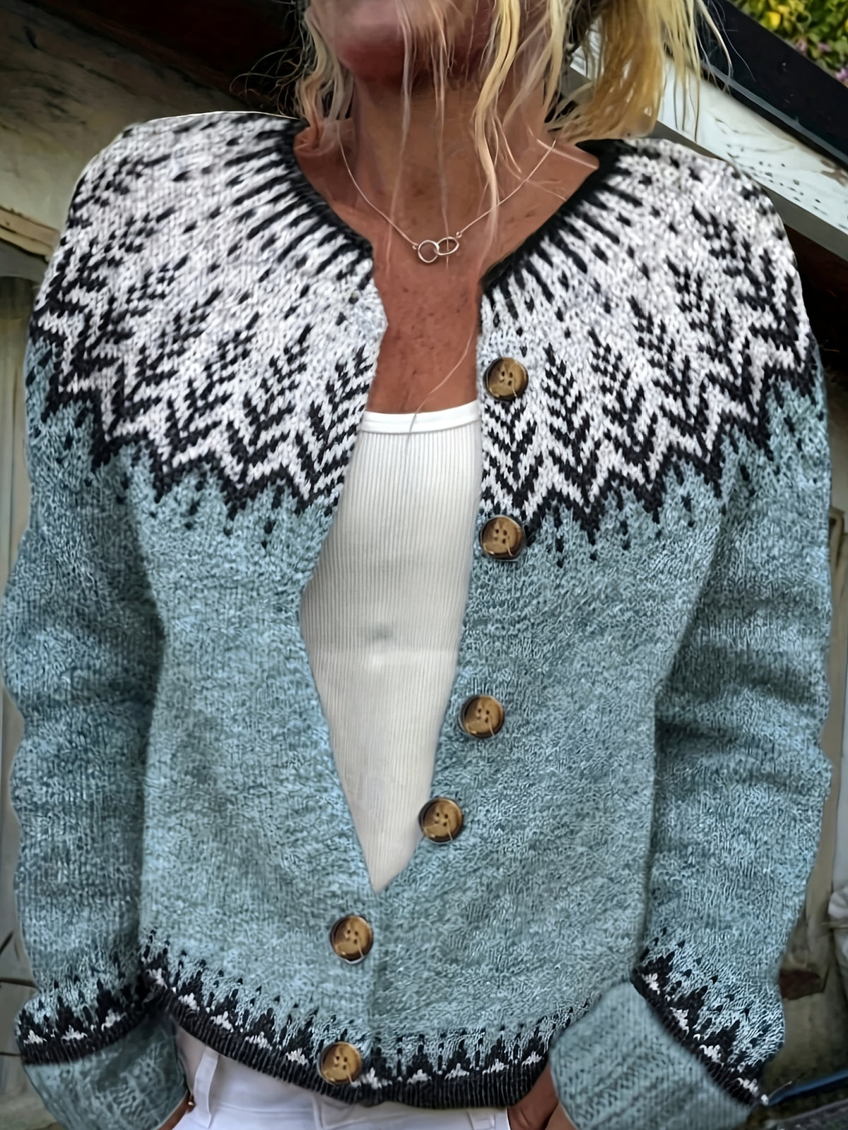 Women'S Vintage Elegant Geometric Pattern Cardigan - Contrast Trim Open Front Sweater, Round Neck Long Sleeve Button-Up, All-Season Versatile Casual Wear Layering Piece, Cardigan Sweater, Fall Layering Item, Winter Wardrobe, Vintage Style