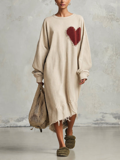Oversized olijfgroene sweatshirtjurk voor dames met hartpatch – Relaxed casual midi-jurk