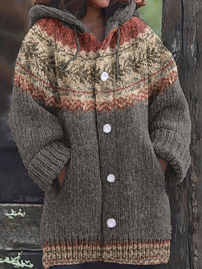 Winter Women'S Sweater Elegant Hooded Large Coat Jacket Soft Chunky Jacquard Embroidery Green Leaf Color Matching Beautiful Fashion Comfortable Casual Retro Commuting Slim Cardigan Gift ZLLZ