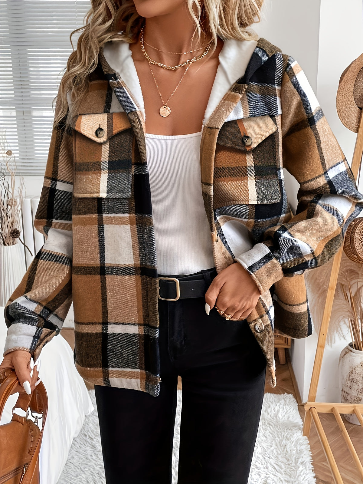Women'S Casual Plaid Fleece Lined Hooded Regular Jacket, Napped Plaid Fleece-Lined Women'S Top, Hooded Shirt