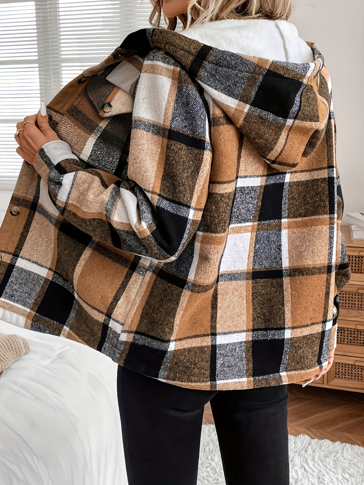 Women'S Casual Plaid Fleece Lined Hooded Regular Jacket, Napped Plaid Fleece-Lined Women'S Top, Hooded Shirt