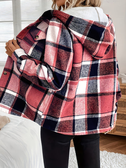 Women'S Casual Plaid Fleece Lined Hooded Regular Jacket, Napped Plaid Fleece-Lined Women'S Top, Hooded Shirt