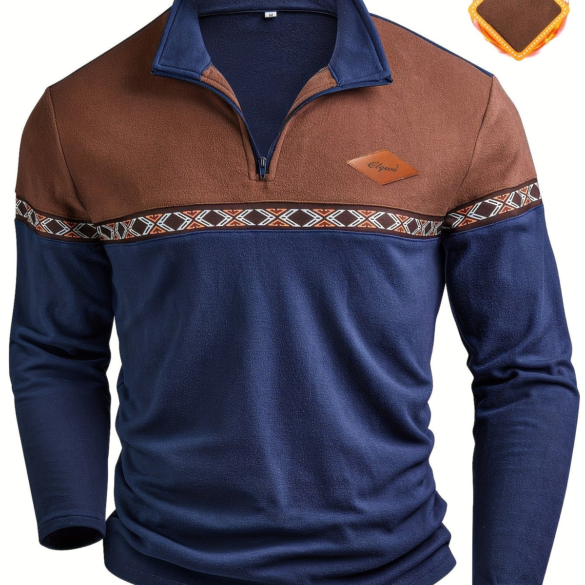 Men's Fashion Top T-Shirt, Autumn/Winter Deer Velvet Thermal Fabric, Casual Color-Block Patchwork Lapel Zipper Long Sleeve Men's Henley Shirt