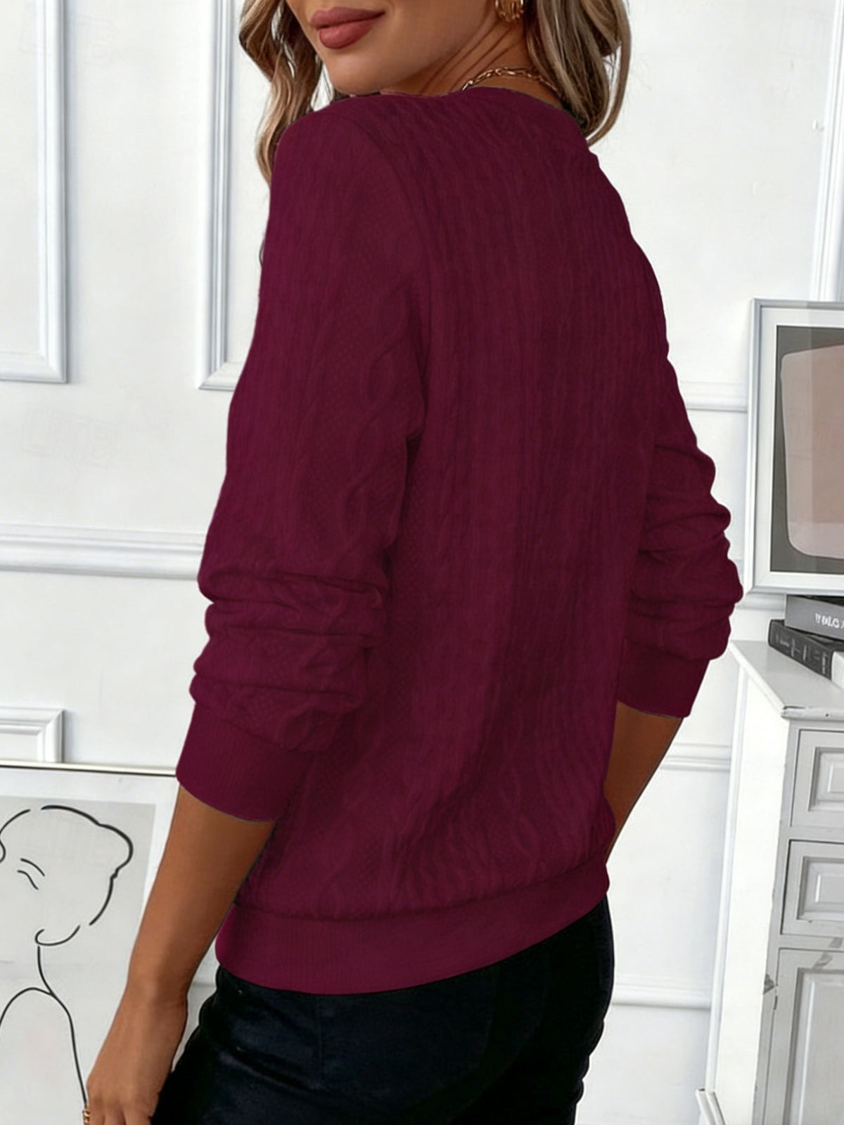Women'S Autumn Winter Fashion Casual Solid Textured Jacquard Sweatshirt - Warm Front-Zip Jacket