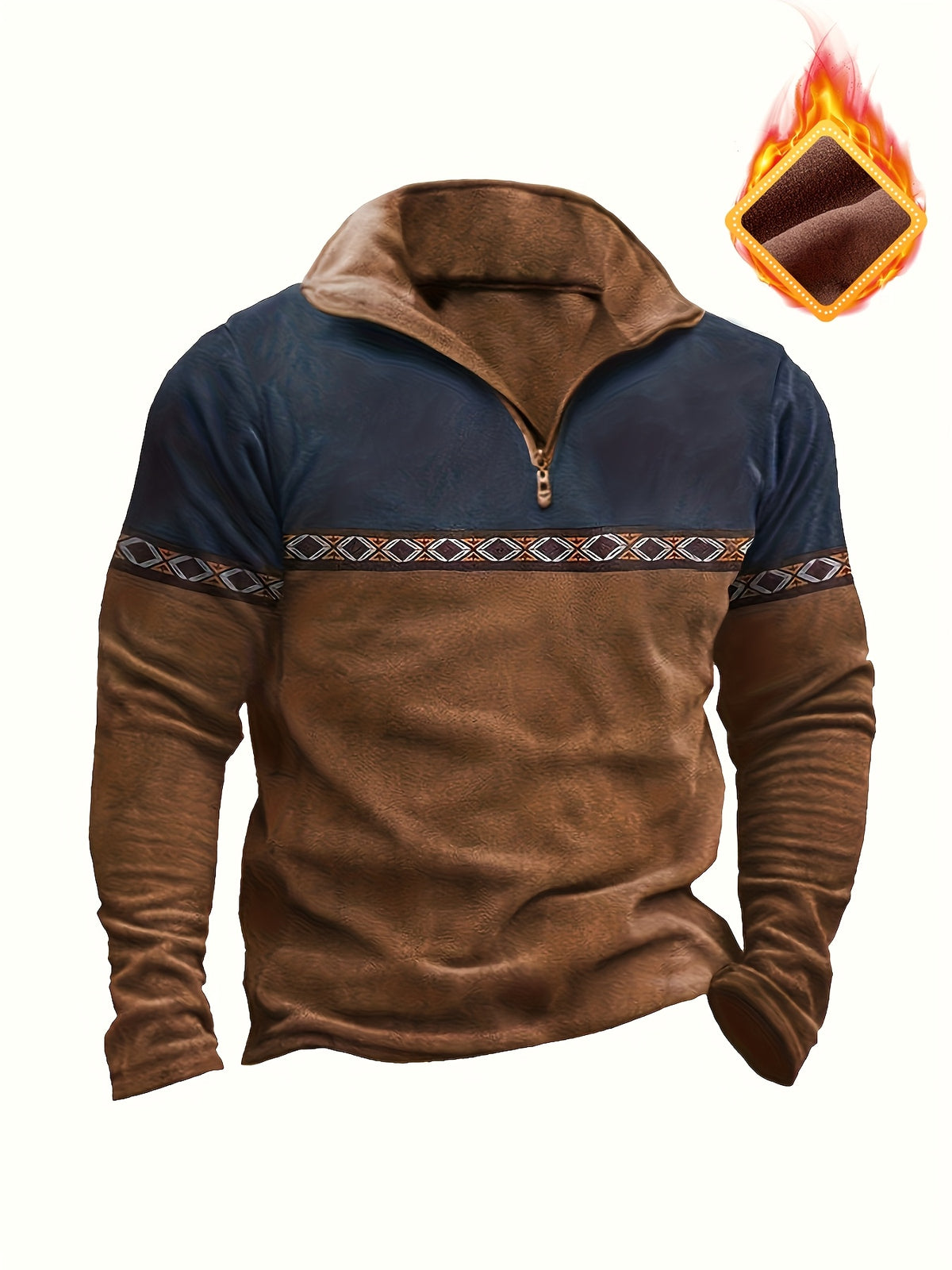 Men's Fashion Top T-Shirt, Autumn/Winter Deer Velvet Thermal Fabric, Casual Color-Block Patchwork Lapel Zipper Long Sleeve Men's Henley Shirt