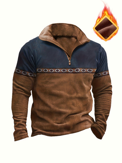 Men's Fashion Top T-Shirt, Autumn/Winter Deer Velvet Thermal Fabric, Casual Color-Block Patchwork Lapel Zipper Long Sleeve Men's Henley Shirt