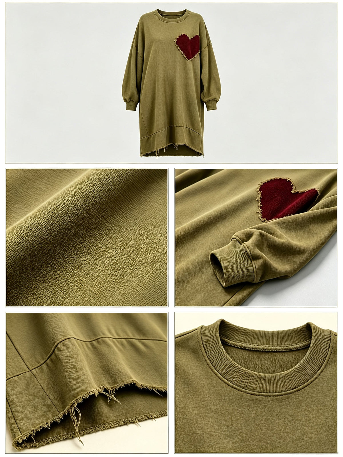 Oversized olijfgroene sweatshirtjurk voor dames met hartpatch – Relaxed casual midi-jurk