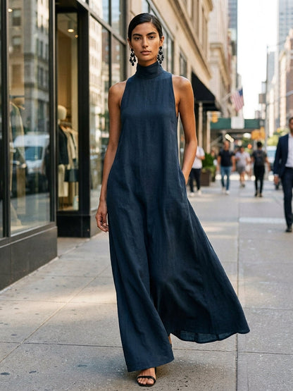 Women's Black Linen-Blend Maxi Dress With High Neck & Side Pockets, Timeless Minimalist Casual Dress MDZ2597D7LYL