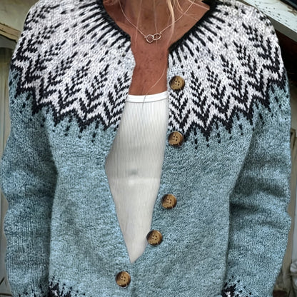 Women'S Vintage Elegant Geometric Pattern Cardigan - Contrast Trim Open Front Sweater, Round Neck Long Sleeve Button-Up, All-Season Versatile Casual Wear Layering Piece, Cardigan Sweater, Fall Layering Item, Winter Wardrobe, Vintage Style