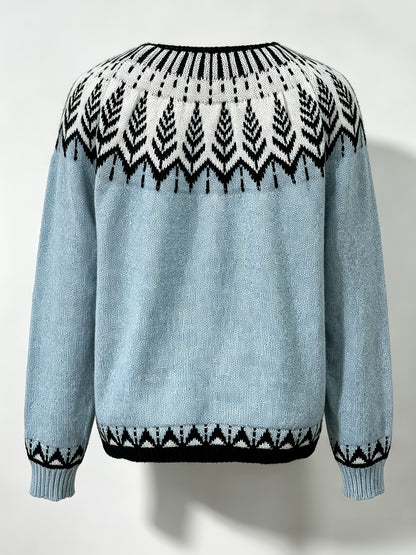 Women'S Vintage Elegant Geometric Pattern Cardigan - Contrast Trim Open Front Sweater, Round Neck Long Sleeve Button-Up, All-Season Versatile Casual Wear Layering Piece, Cardigan Sweater, Fall Layering Item, Winter Wardrobe, Vintage Style