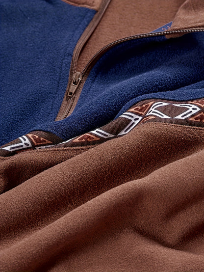 Men's Fashion Top T-Shirt, Autumn/Winter Deer Velvet Thermal Fabric, Casual Color-Block Patchwork Lapel Zipper Long Sleeve Men's Henley Shirt