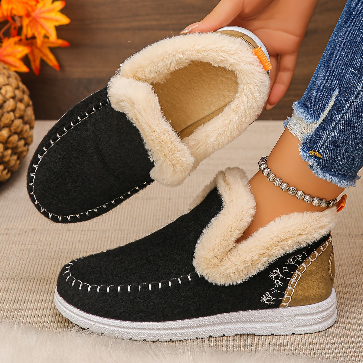 Women'S Multicolor Fleece-Lined Slippers, Versatile Slip-On for Daily Relaxing, Home Gatherings, Weekend Errands - Matches Casual Loungewear, Winter Outfits, Cozy Sets, Women Shoes