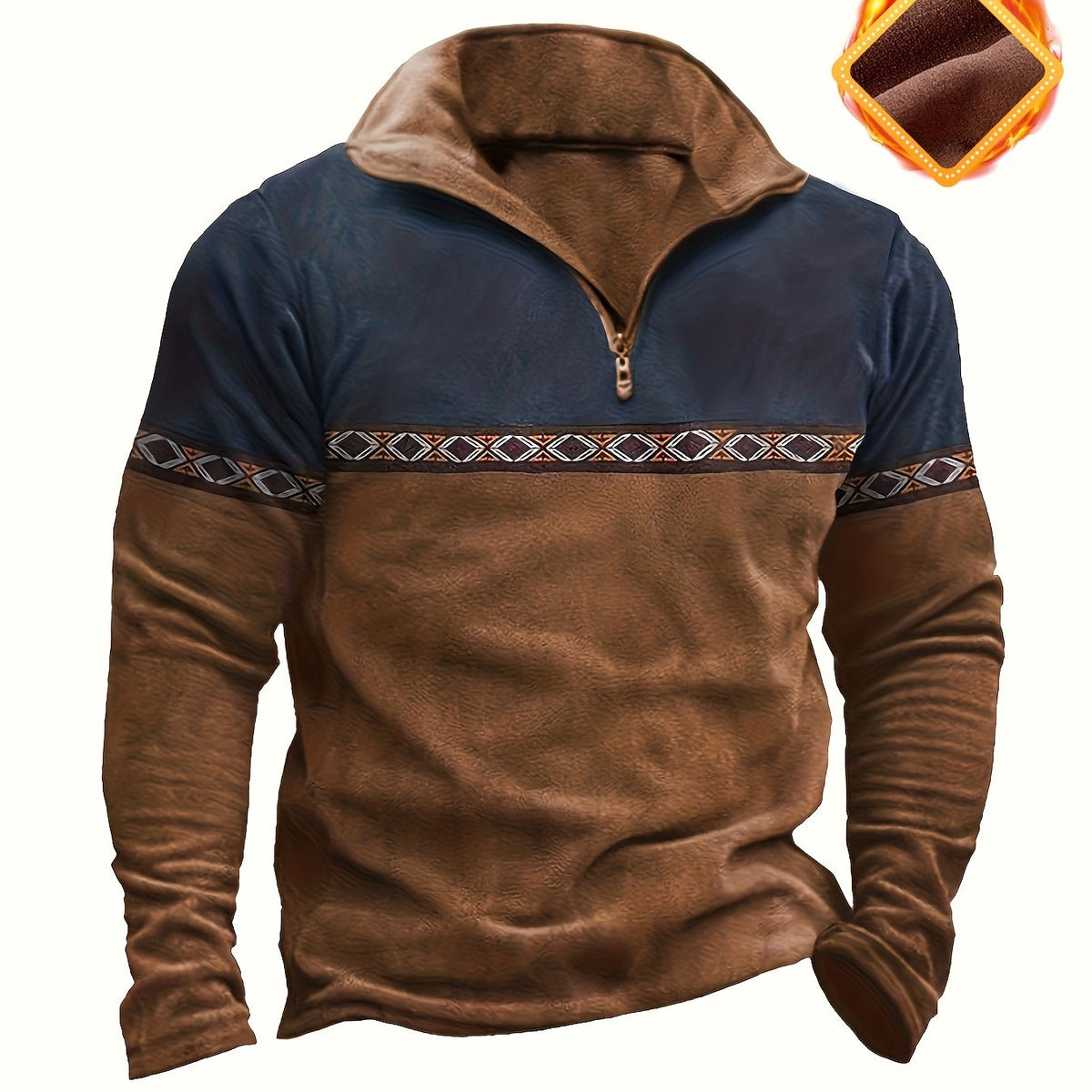 Men's Fashion Top T-Shirt, Autumn/Winter Deer Velvet Thermal Fabric, Casual Color-Block Patchwork Lapel Zipper Long Sleeve Men's Henley Shirt