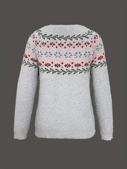 Fair Isle Style Jacquard Crew Neck Pullover