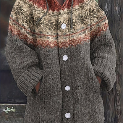 Winter Women'S Sweater Elegant Hooded Large Coat Jacket Soft Chunky Jacquard Embroidery Green Leaf Color Matching Beautiful Fashion Comfortable Casual Retro Commuting Slim Cardigan Gift ZLLZ