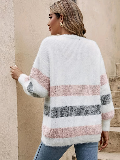 French-Style Striped Drop-Shoulder Cardigan