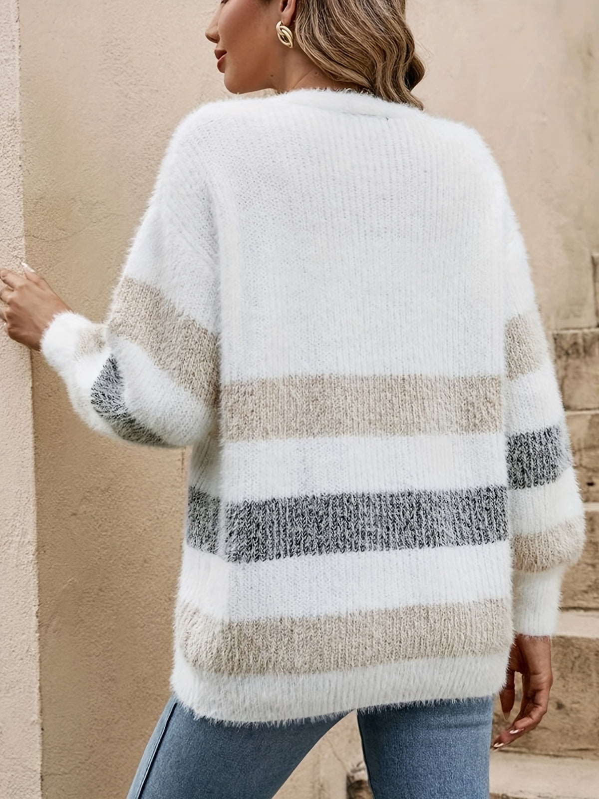 French-Style Striped Drop-Shoulder Cardigan