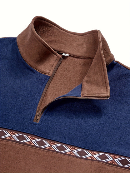 Men's Fashion Top T-Shirt, Autumn/Winter Deer Velvet Thermal Fabric, Casual Color-Block Patchwork Lapel Zipper Long Sleeve Men's Henley Shirt