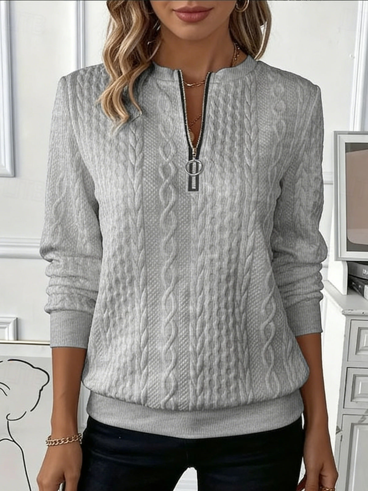 Women'S Autumn Winter Fashion Casual Solid Textured Jacquard Sweatshirt - Warm Front-Zip Jacket