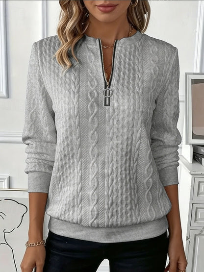 Women'S Autumn Winter Fashion Casual Solid Textured Jacquard Sweatshirt - Warm Front-Zip Jacket