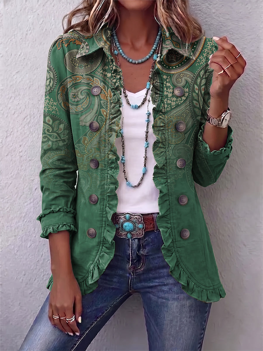 Leila | Groen jasje met paisleyprint en volant